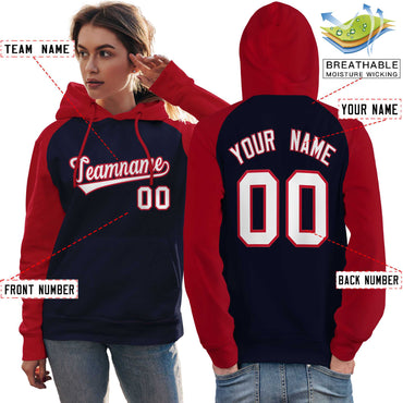 Custom Stitched Navy Red-White Raglan Sleeves Sports Pullover Sweatshirt Hoodie For Women