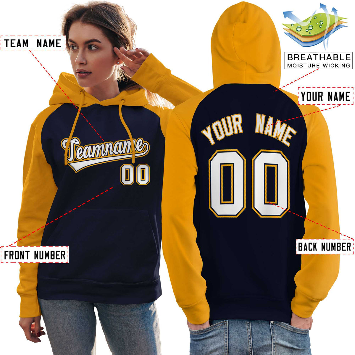 Custom Stitched Navy Gold-White Raglan Sleeves Sports Pullover Sweatshirt Hoodie For Women