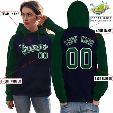 Custom Stitched Navy Green Raglan Sleeves Sports Pullover Sweatshirt Hoodie For Women