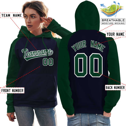 Custom Stitched Navy Green Raglan Sleeves Sports Pullover Sweatshirt Hoodie For Women