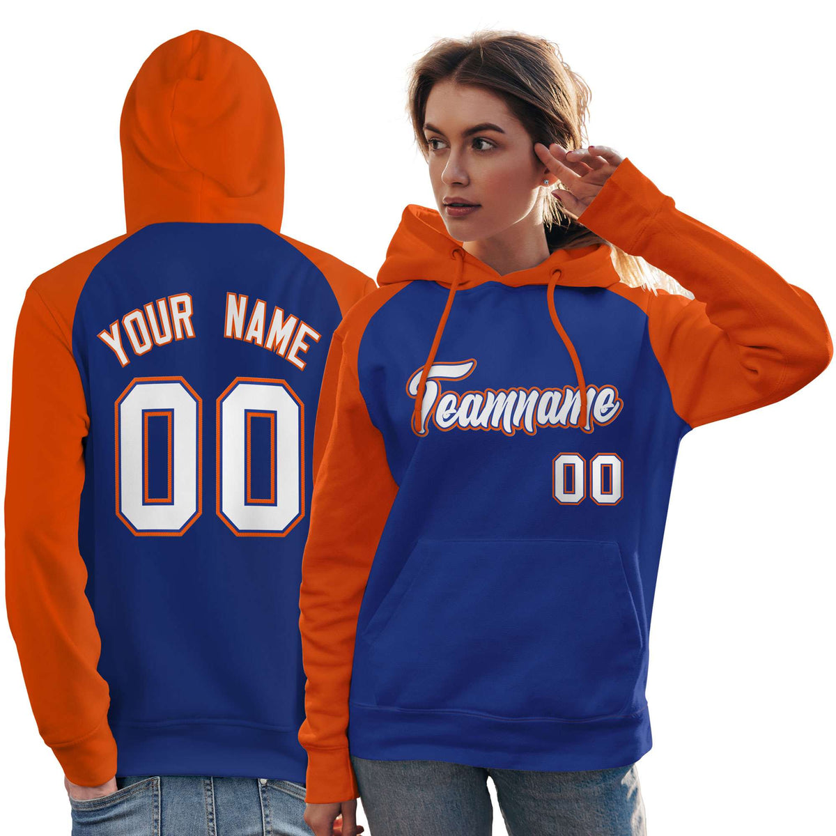 Custom Stitched Royal Orange-White Raglan Sleeves Sports Pullover Sweatshirt Hoodie For Women