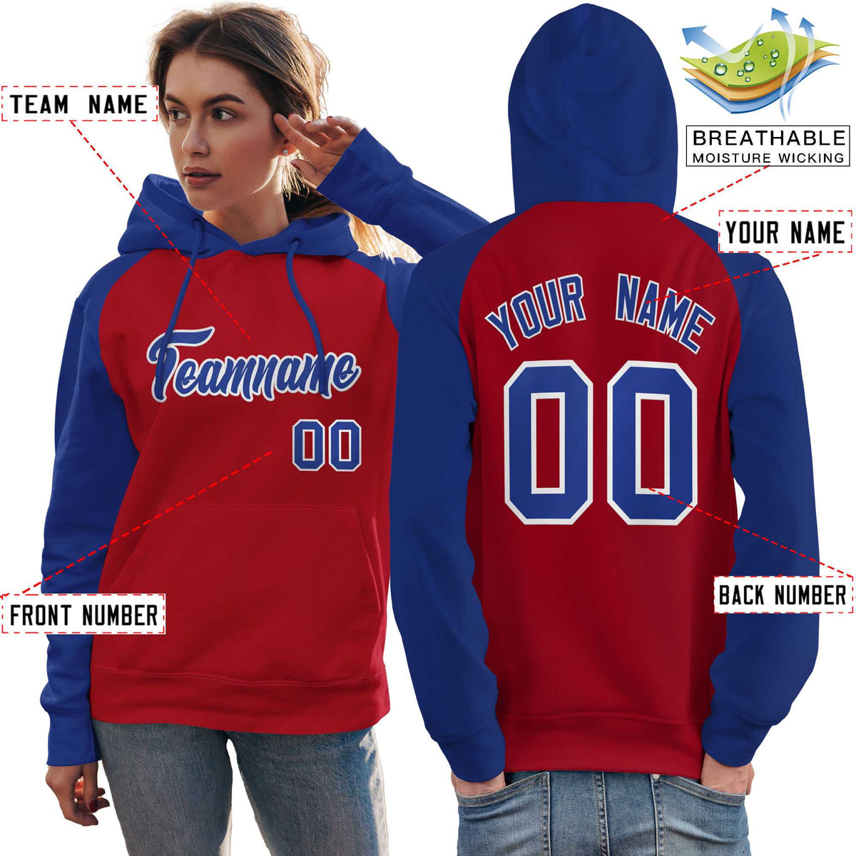 Custom Stitched Red Royal Raglan Sleeves Sports Pullover Sweatshirt Hoodie For Women