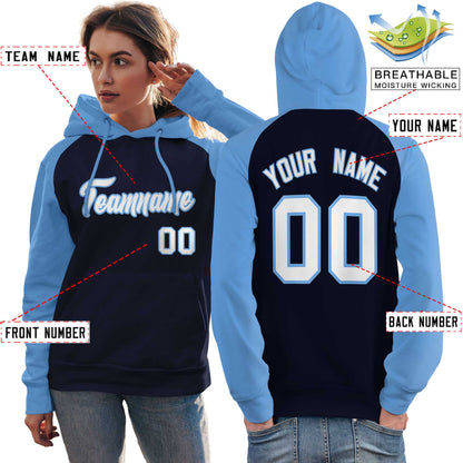 Custom Stitched Navy Powder Blue-White Raglan Sleeves Sports Pullover Sweatshirt Hoodie For Women