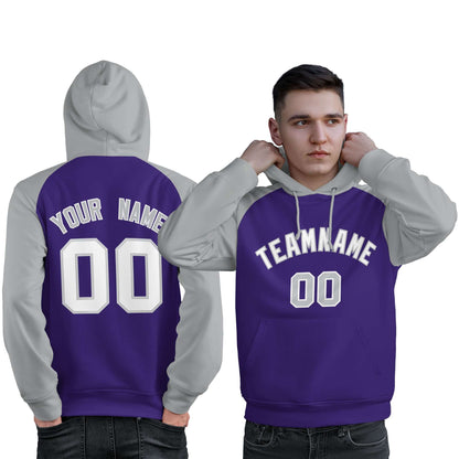 Custom Stitched Purple Gray-White Raglan Sleeves Sports Pullover Sweatshirt Hoodie For Men