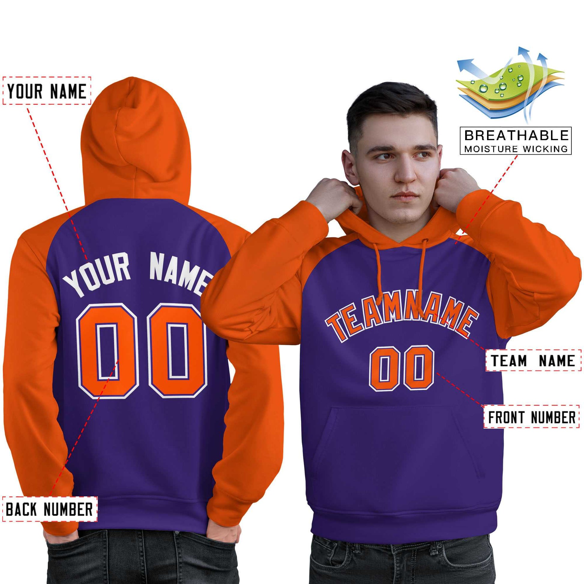 Custom Stitched Purple Orange Raglan Sleeves Sports Pullover Sweatshirt Hoodie For Men