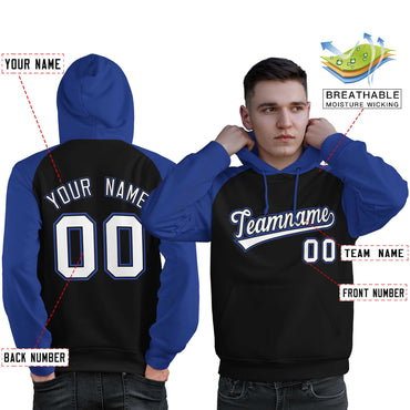 Custom Stitched Black Royal-White Raglan Sleeves Sports Pullover Sweatshirt Hoodie For Men