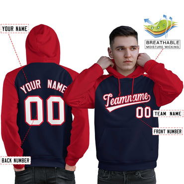 Custom Stitched Navy Red-White Raglan Sleeves Sports Pullover Sweatshirt Hoodie For Men