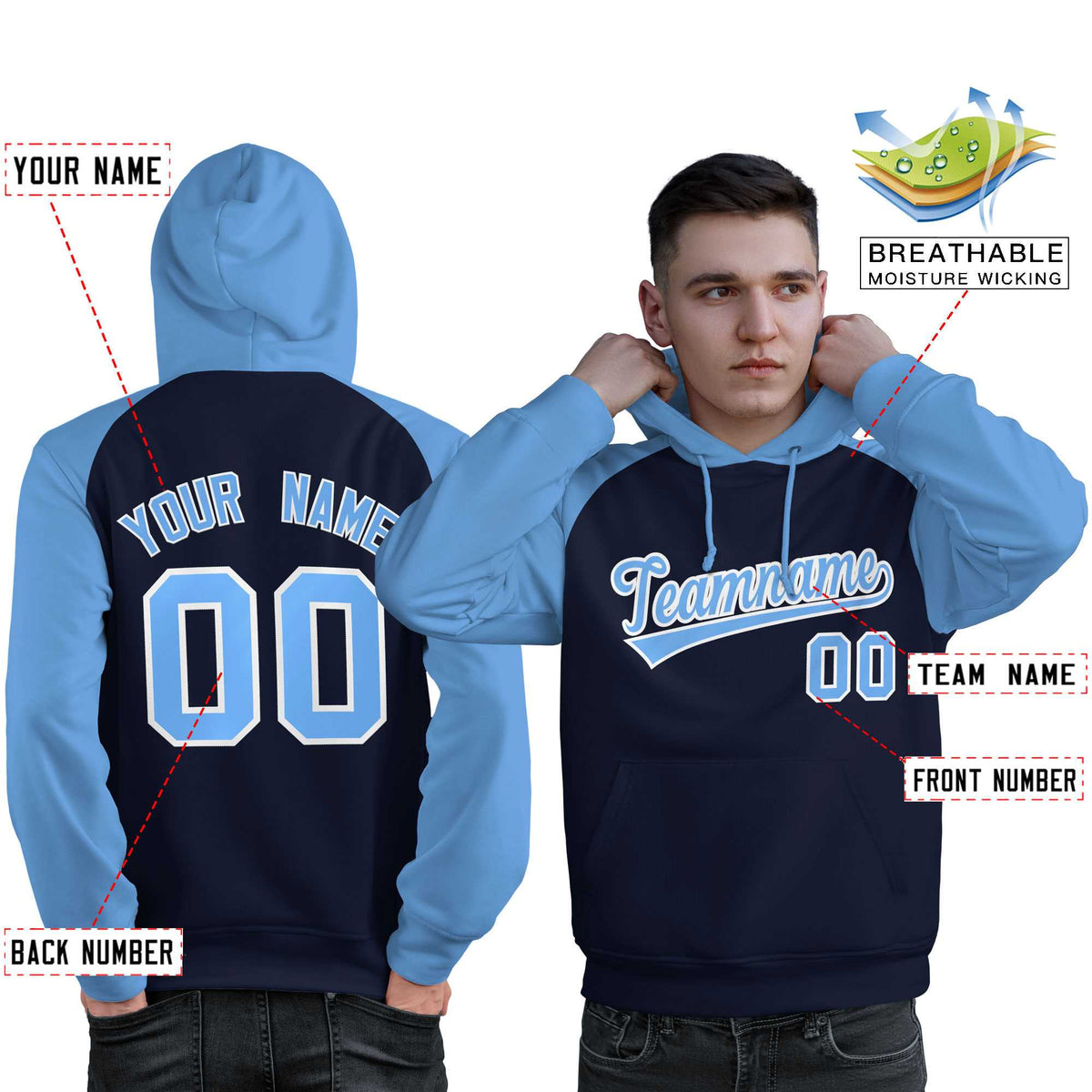 Custom Stitched Navy Powder Blue Raglan Sleeves Sports Pullover Sweatshirt Hoodie For Men