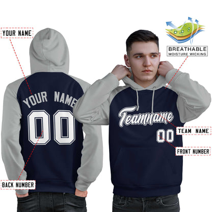 Custom Stitched Navy Gray-White Raglan Sleeves Sports Pullover Sweatshirt Hoodie For Men