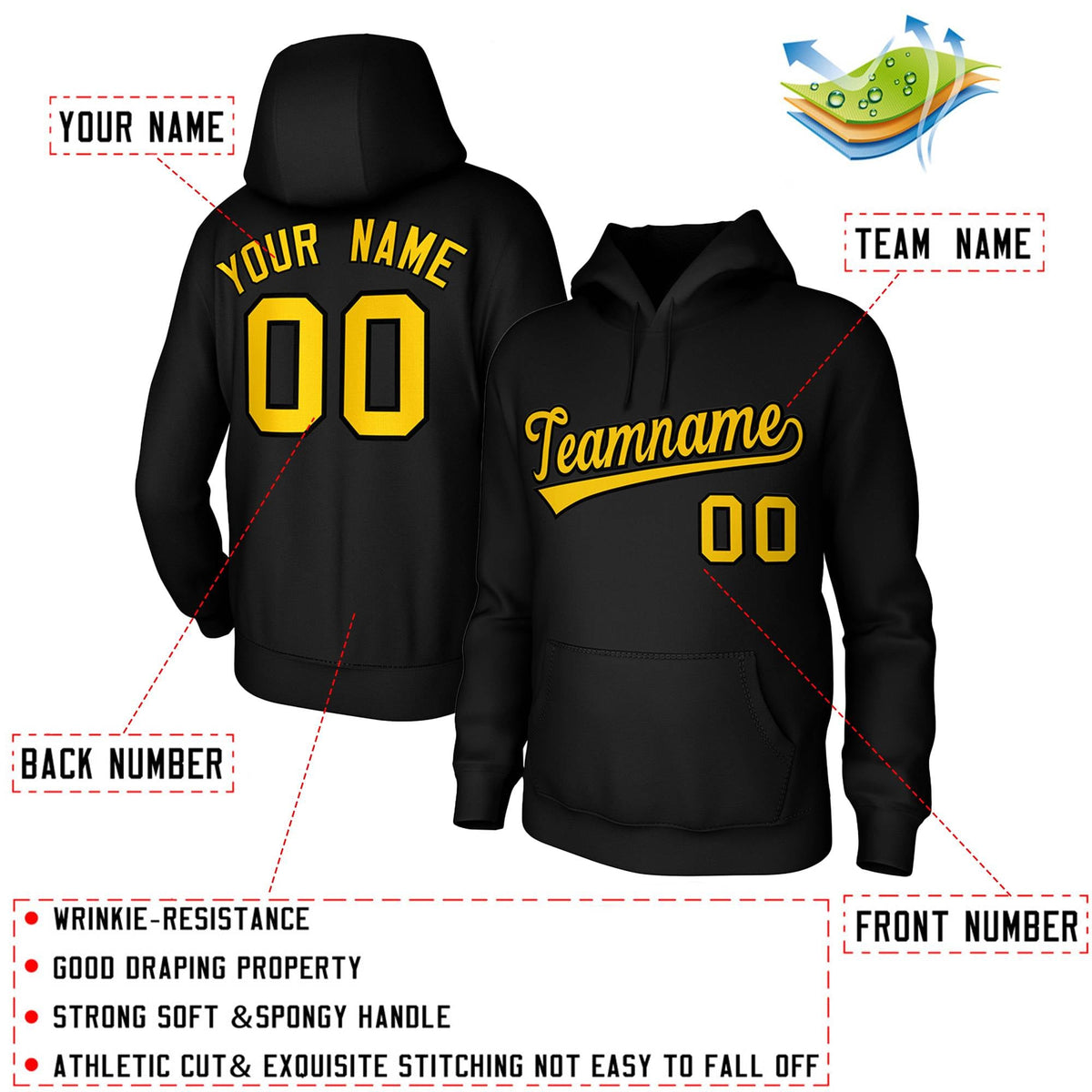 Custom Black Yellow-Black Classic Style Sports Uniform Pullover Hoodie