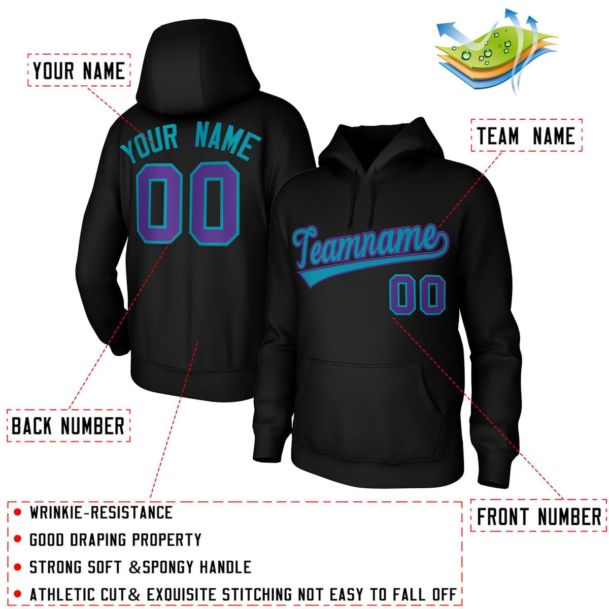 Custom Black Green-Purple Classic Style Sports Uniform Pullover Hoodie