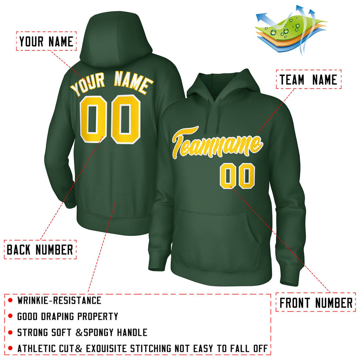Custom Green Gold-White Classic Style Personalized Uniform Pullover Hoodie