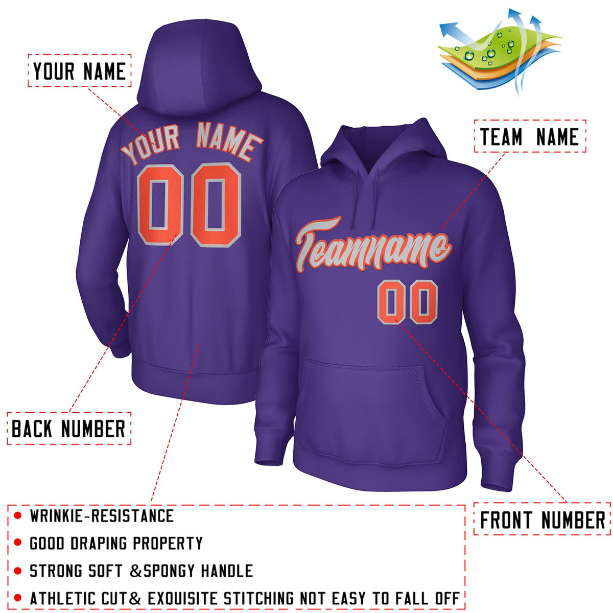 Custom Purple Gray Orange Classic Style Personalized Uniform Pullover Hoodie