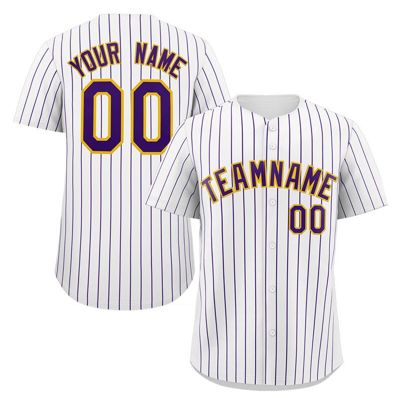 Custom White Purple-Gold Stripe Fashion Authentic Baseball Jersey