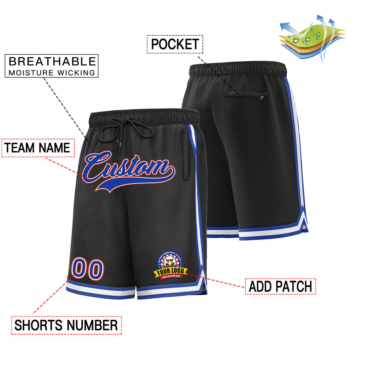 Custom Black Royal-White Basketball Shorts