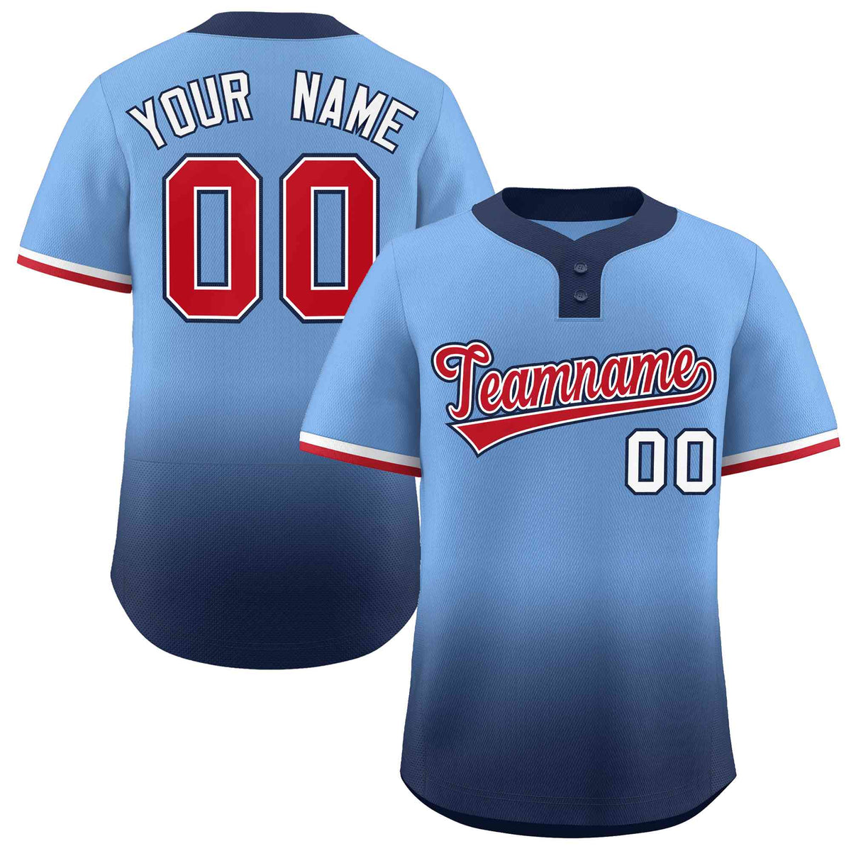 Custom Light Blue Navy Red-White Gradient Fashion Authentic Two-Button Baseball Jersey