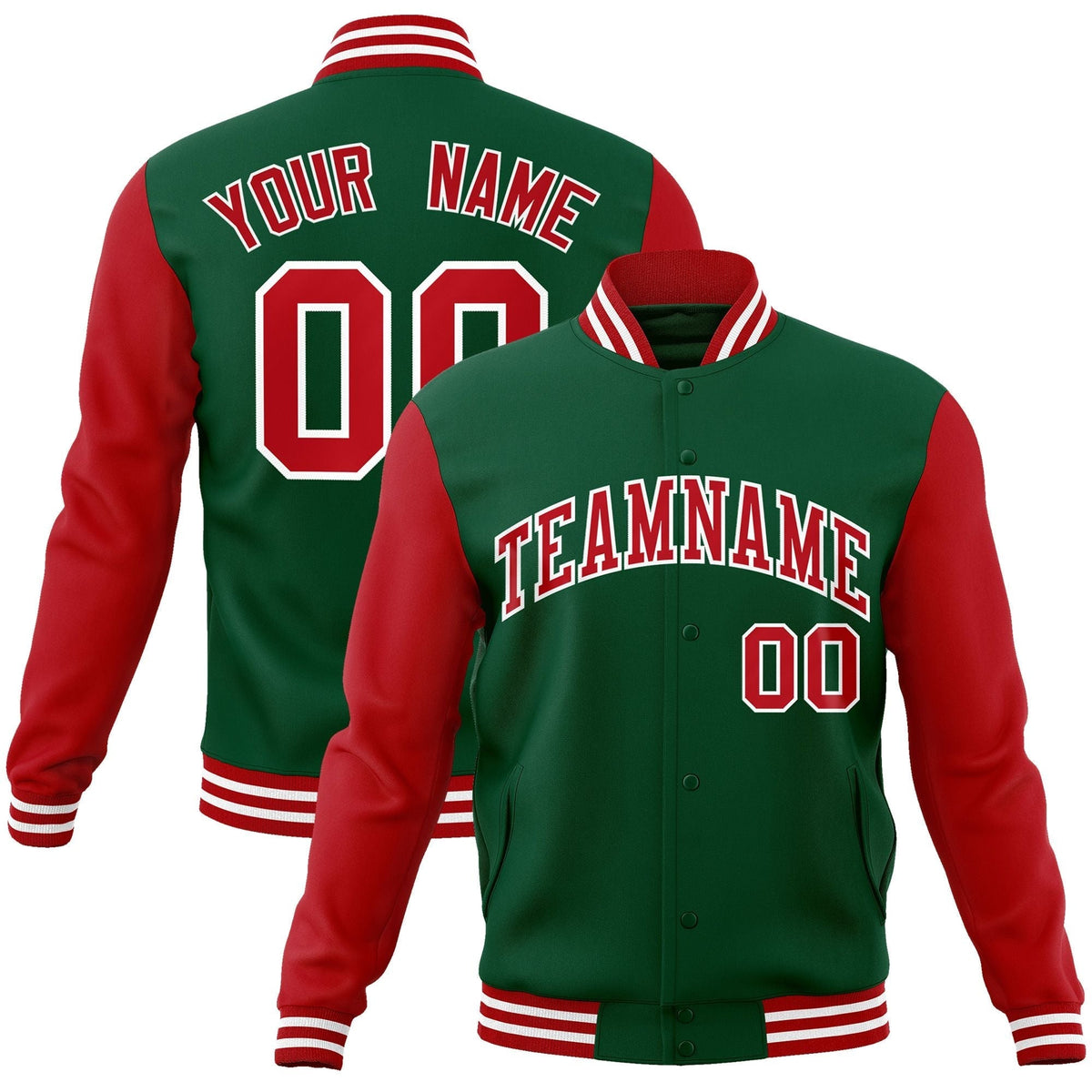 Custom Green Red-White Raglan Sleeves Varsity Full-Snap Letterman Jacket