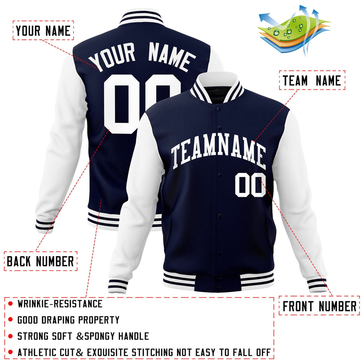 Custom Navy White  Raglan Sleeves Varsity Full-Snap Letterman Jacket