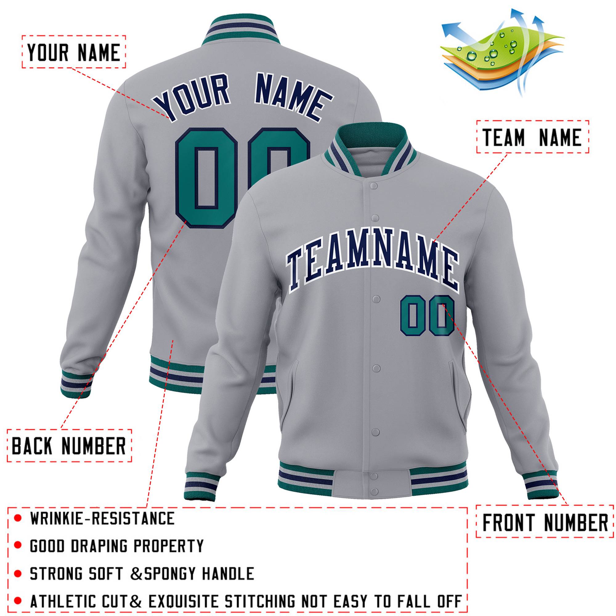 Custom Gray Navy-White Classic Style Varsity Full-Snap Letterman Jacket