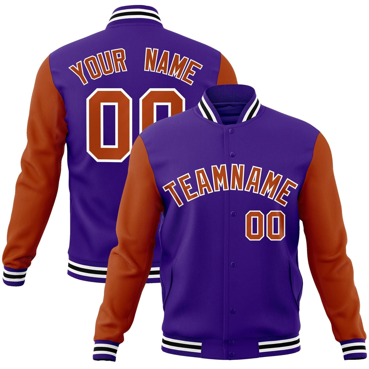 Custom Purple Texas Orange-White Raglan Sleeves Varsity Full-Snap Letterman Jacket