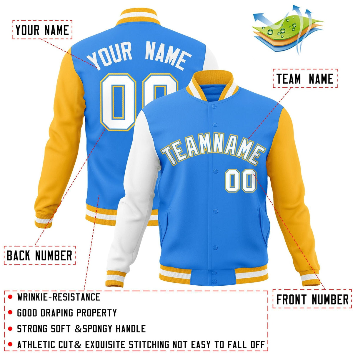 Custom Powder Blue White-Powder Blue Raglan Sleeves Varsity Full-Snap Letterman Jacket