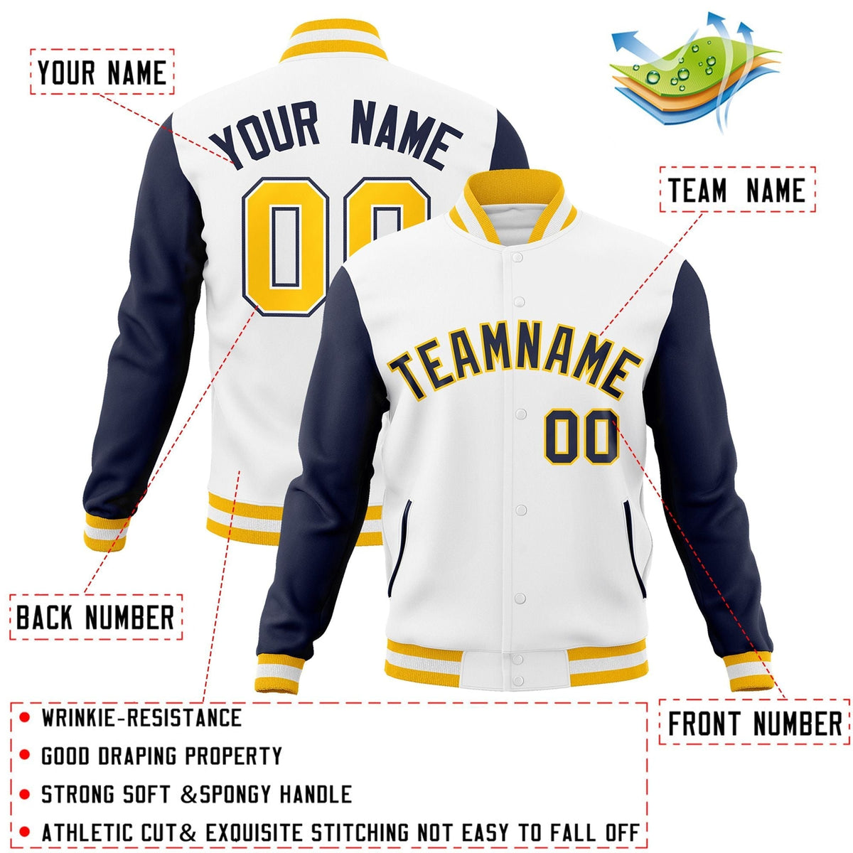 Custom White Navy-Gold Raglan Sleeves Varsity Full-Snap Letterman Jacket