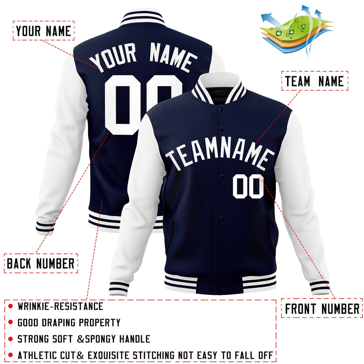 Custom Navy White  Raglan Sleeves Varsity Full-Snap Letterman Jacket