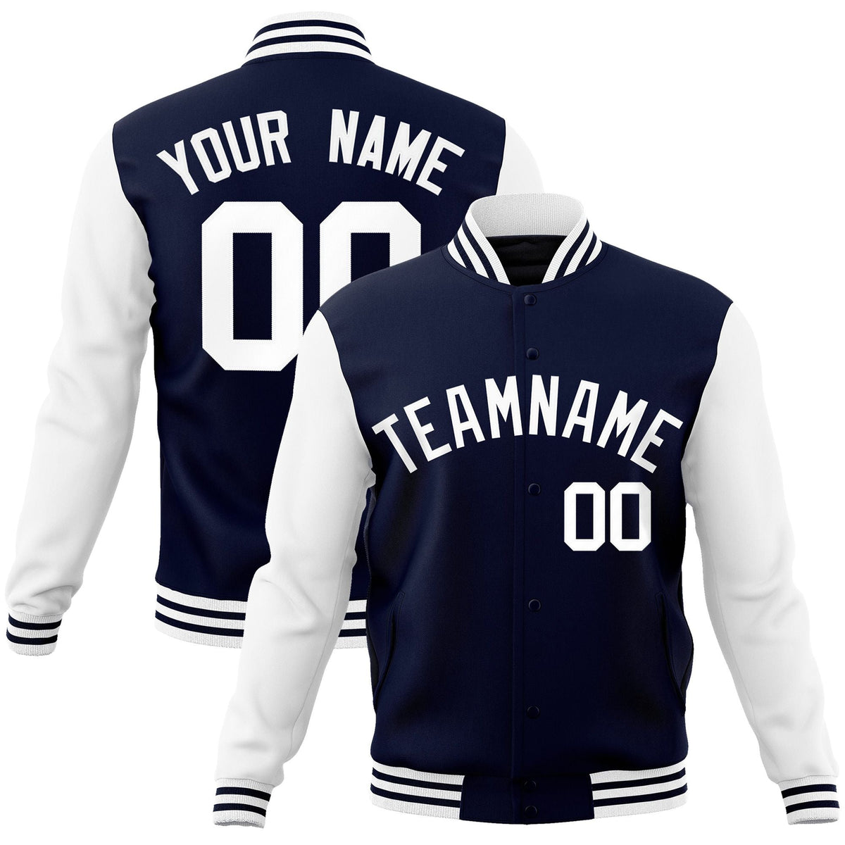 Custom Navy White  Raglan Sleeves Varsity Full-Snap Letterman Jacket