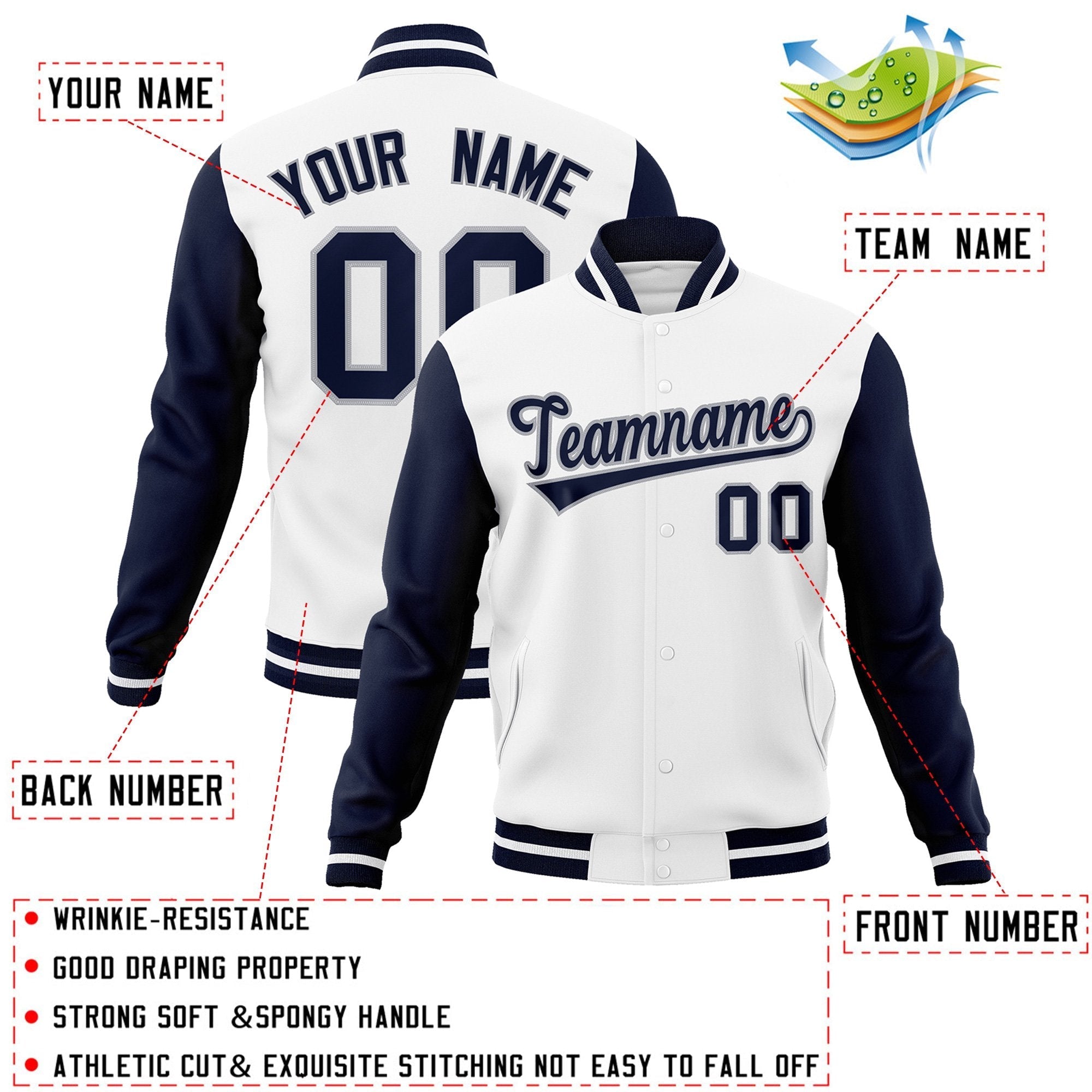 Custom White Navy-Gray Raglan Sleeves Varsity Full-Snap Letterman Jacket