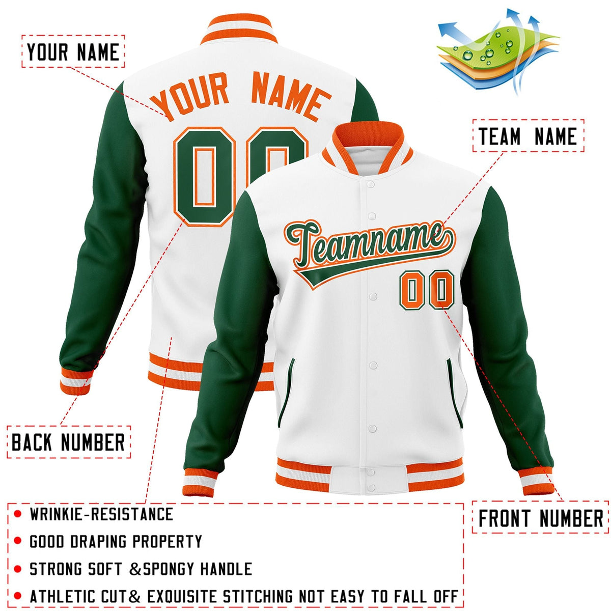 Custom White Green-White Raglan Sleeves Varsity Full-Snap Letterman Jacket