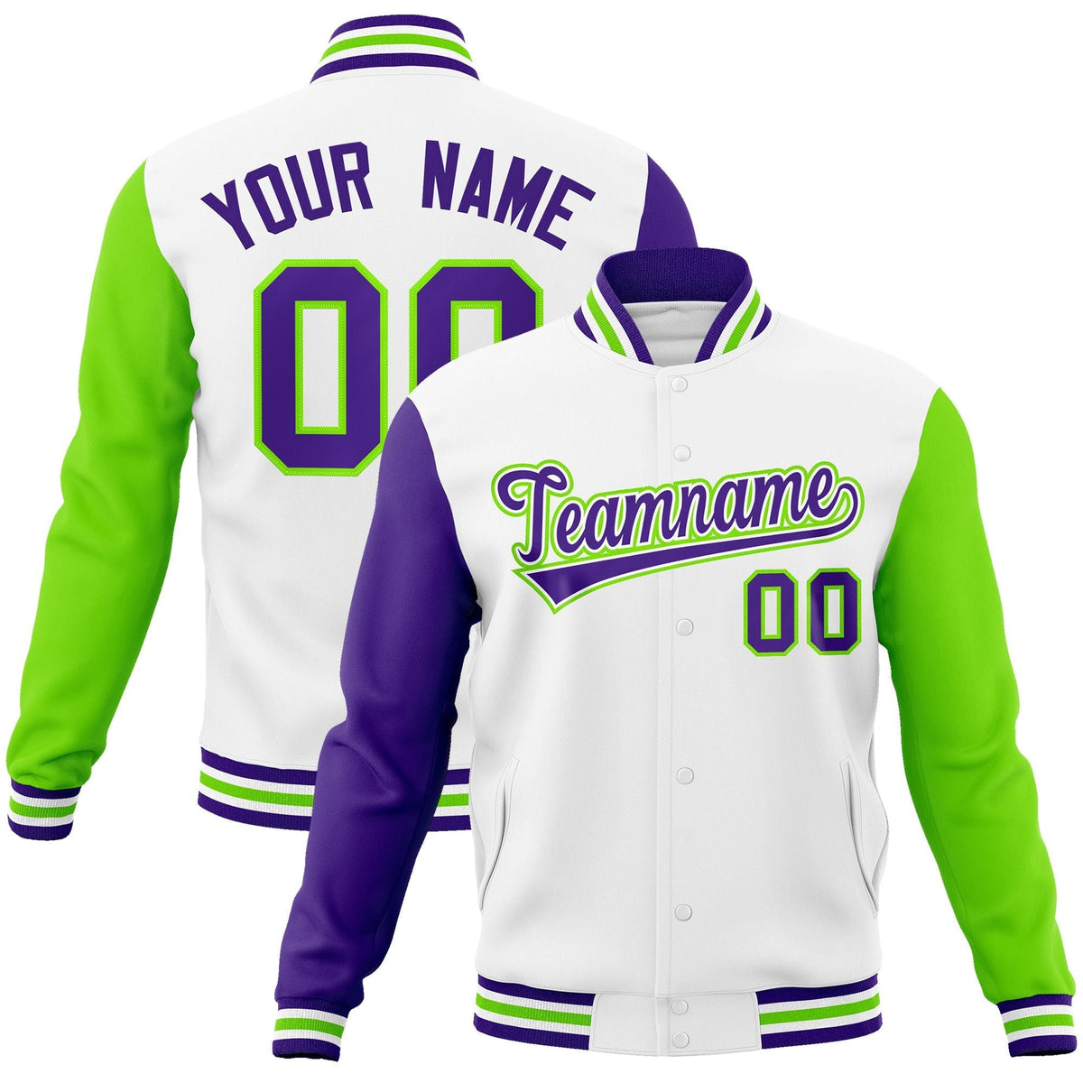 Custom White Purple-White Raglan Sleeves Varsity Full-Snap Letterman Jacket