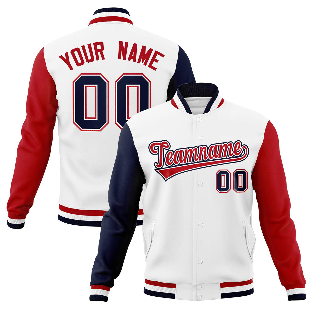 Custom White Red-White Raglan Sleeves Varsity Full-Snap Letterman Jacket