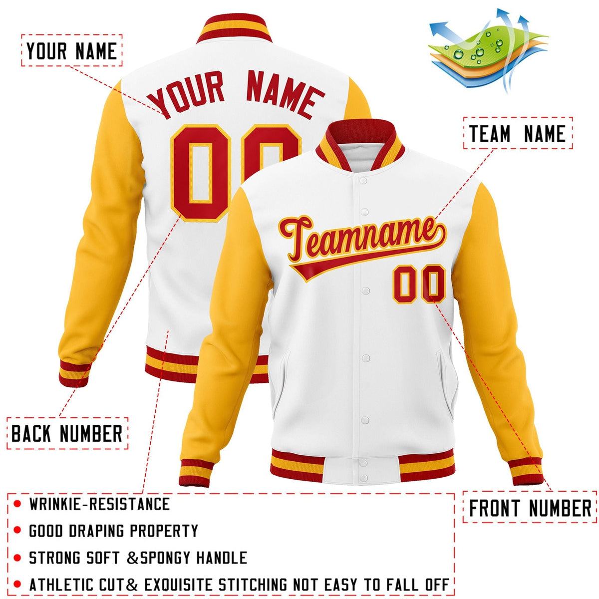 Custom White Red-Gold Raglan Sleeves Varsity Full-Snap Letterman Jacket