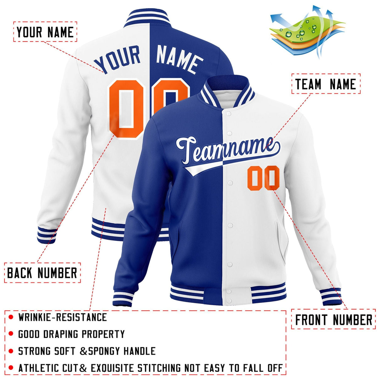 custom white and royal blue full-snap varsity jackets