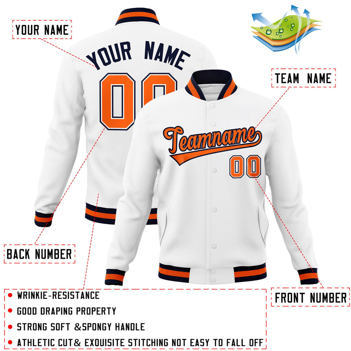 Custom White Orange-Navy Classic Style Varsity Full-Snap Letterman Jacket