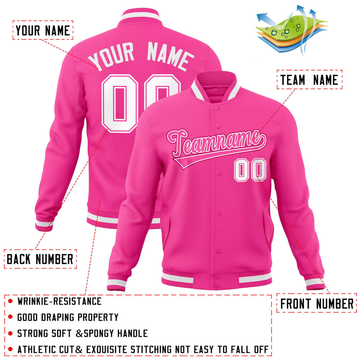 Custom Pink Pink-White Classic Style Varsity Full-Snap Letterman Jacket