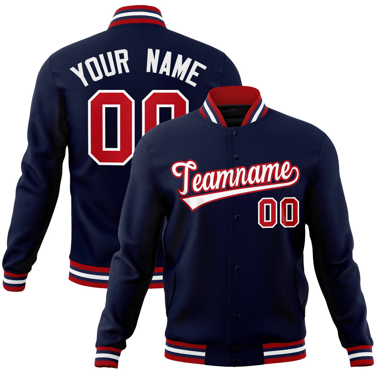 Custom Navy White-Red Classic Style Varsity Full-Snap Letterman Jacket