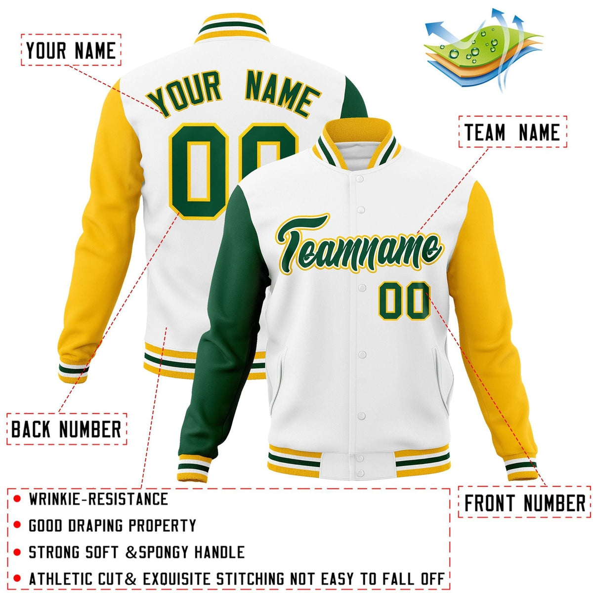 Custom White Green-White Raglan Sleeves Varsity Full-Snap Letterman Jacket