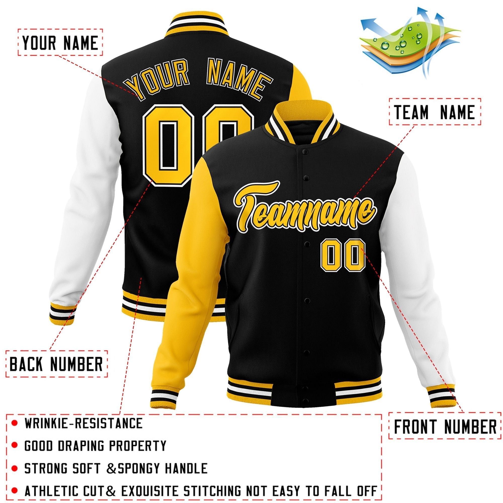 Custom Black Gold-Black Raglan Sleeves Varsity Full-Snap Letterman Jacket