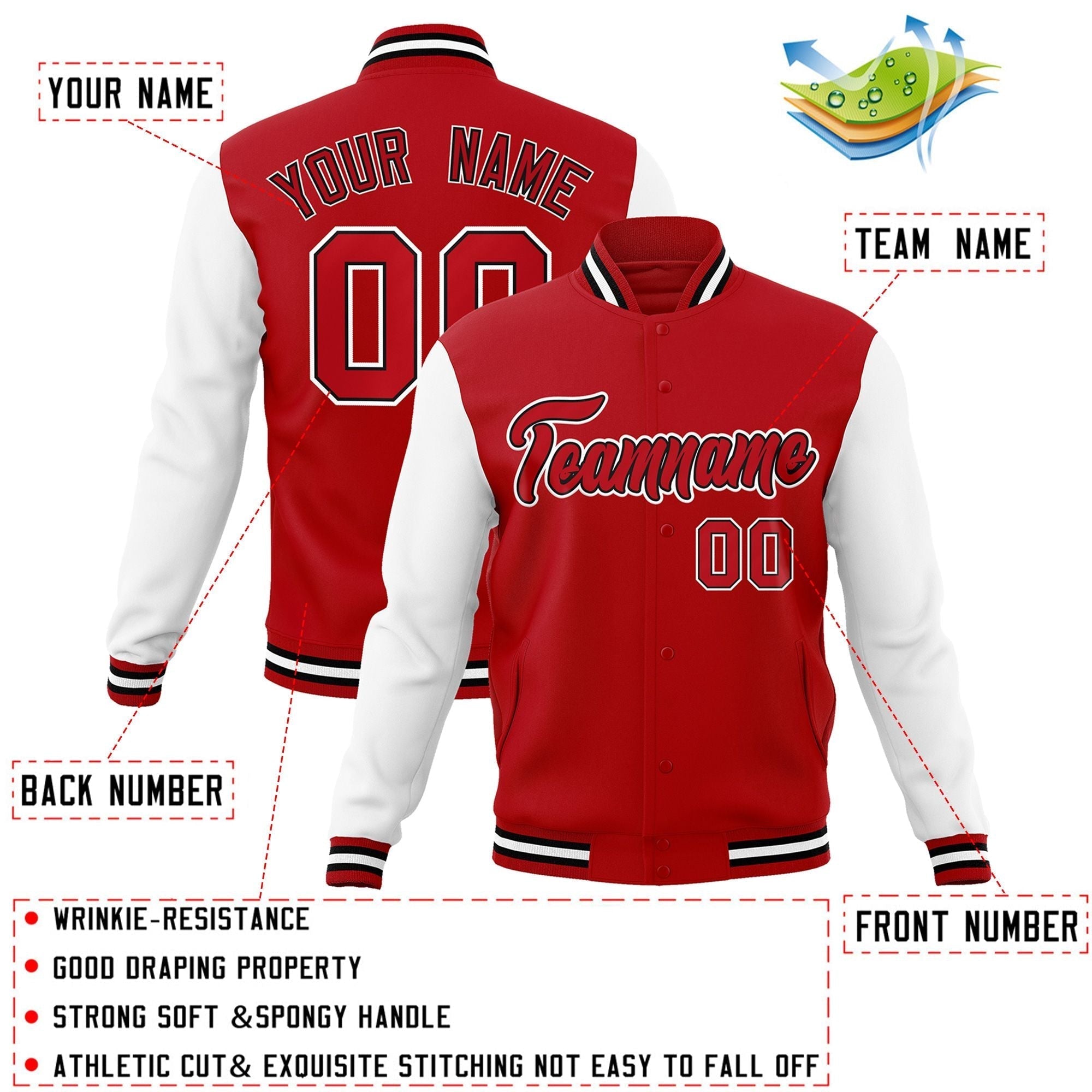Custom Red White-Black Raglan Sleeves Varsity Full-Snap Letterman Jacket