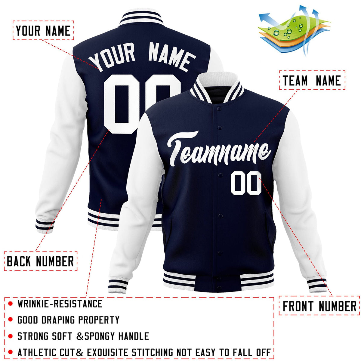 Custom Navy White  Raglan Sleeves Varsity Full-Snap Letterman Jacket
