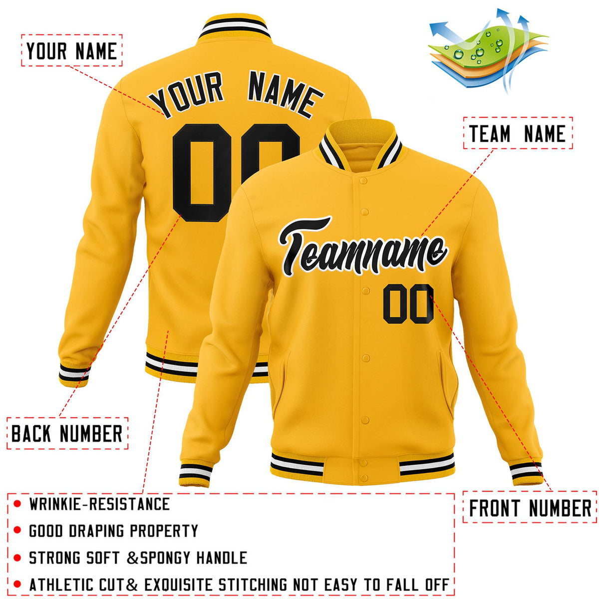 Custom Gold Black-White Classic Style Varsity Full-Snap Letterman Jacket