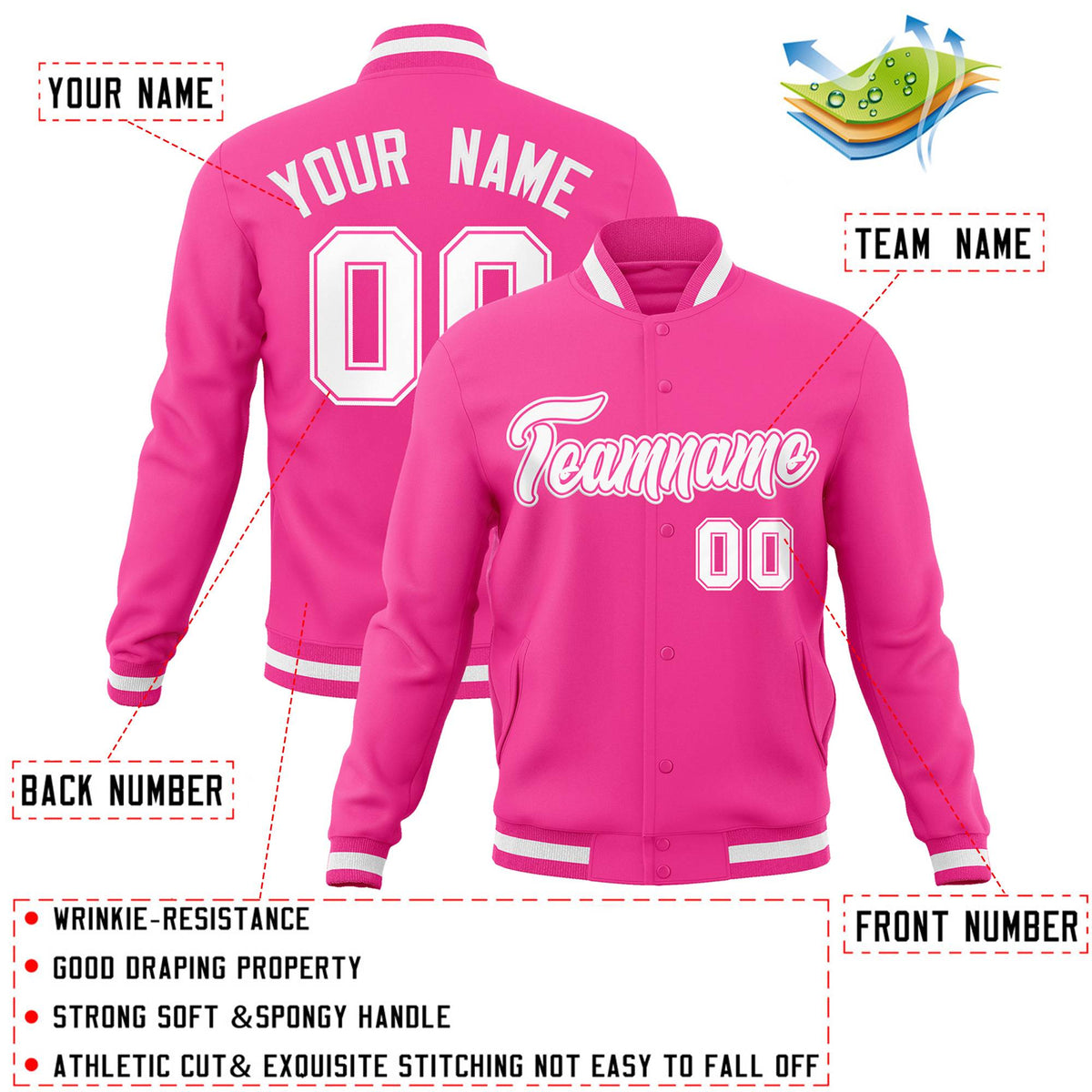 Custom Pink White-Pink Classic Style Varsity Full-Snap Letterman Jacket
