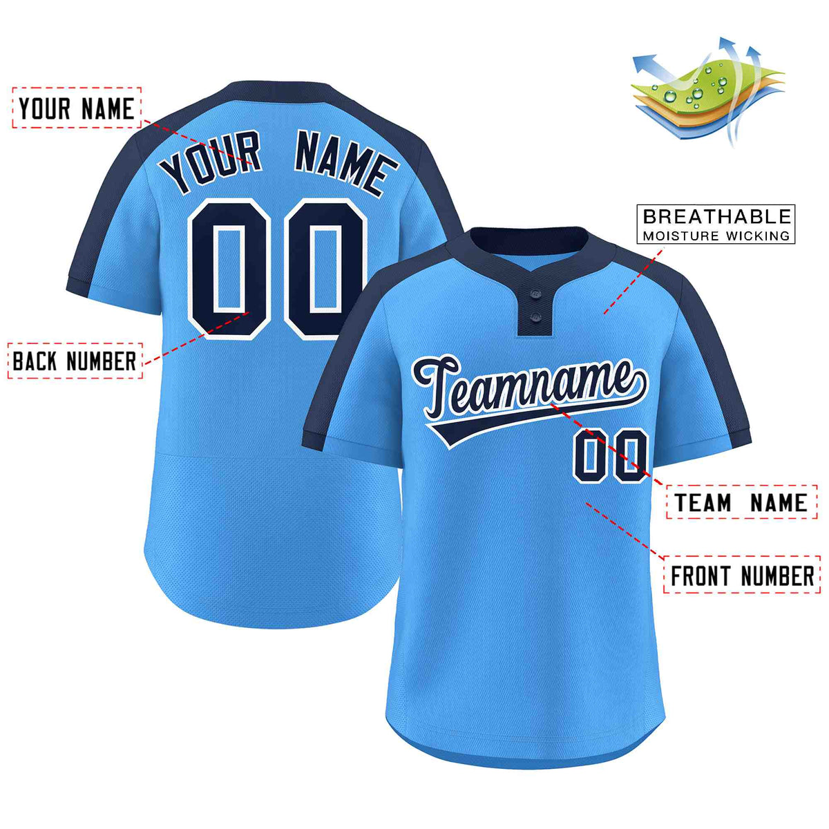 Custom Powder Blue Navy-White Classic Style Authentic Two-Button Baseball Jersey