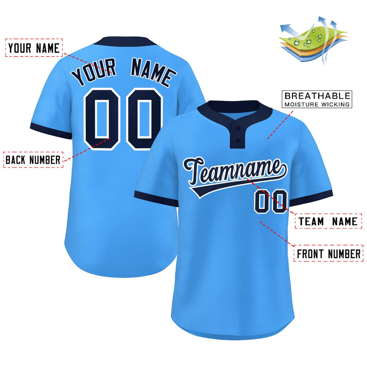 Custom Powder Blue Navy-White Classic Style Authentic Two-Button Baseball Jersey