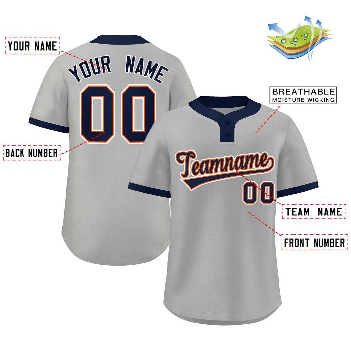 Custom Gray Navy-White Classic Style Authentic Two-Button Baseball Jersey