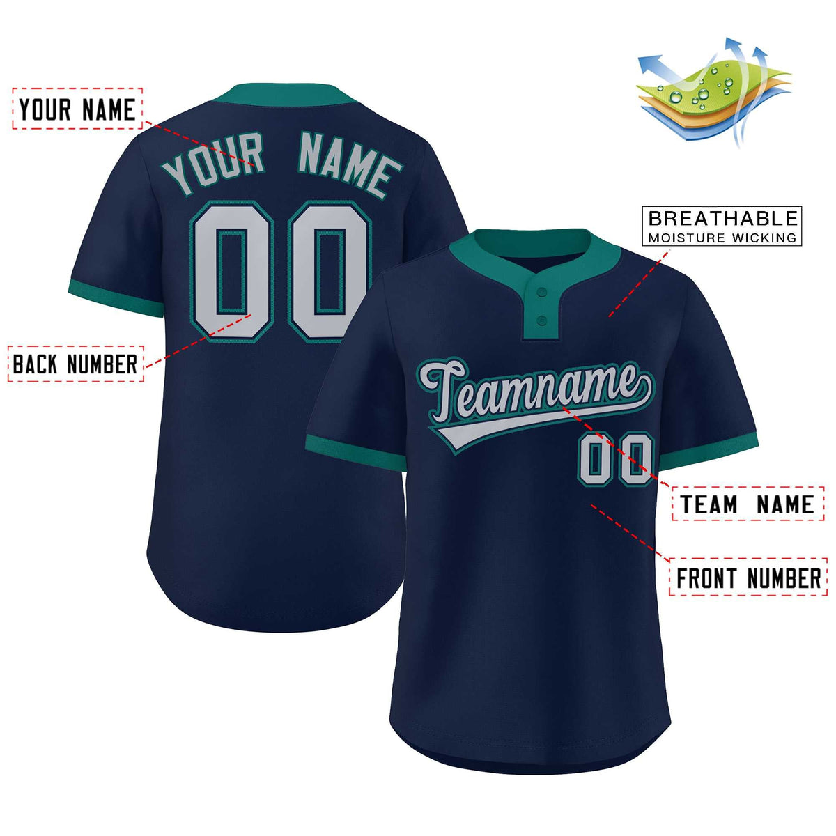 Custom Navy Gray-Aqua Classic Style Authentic Two-Button Baseball Jersey