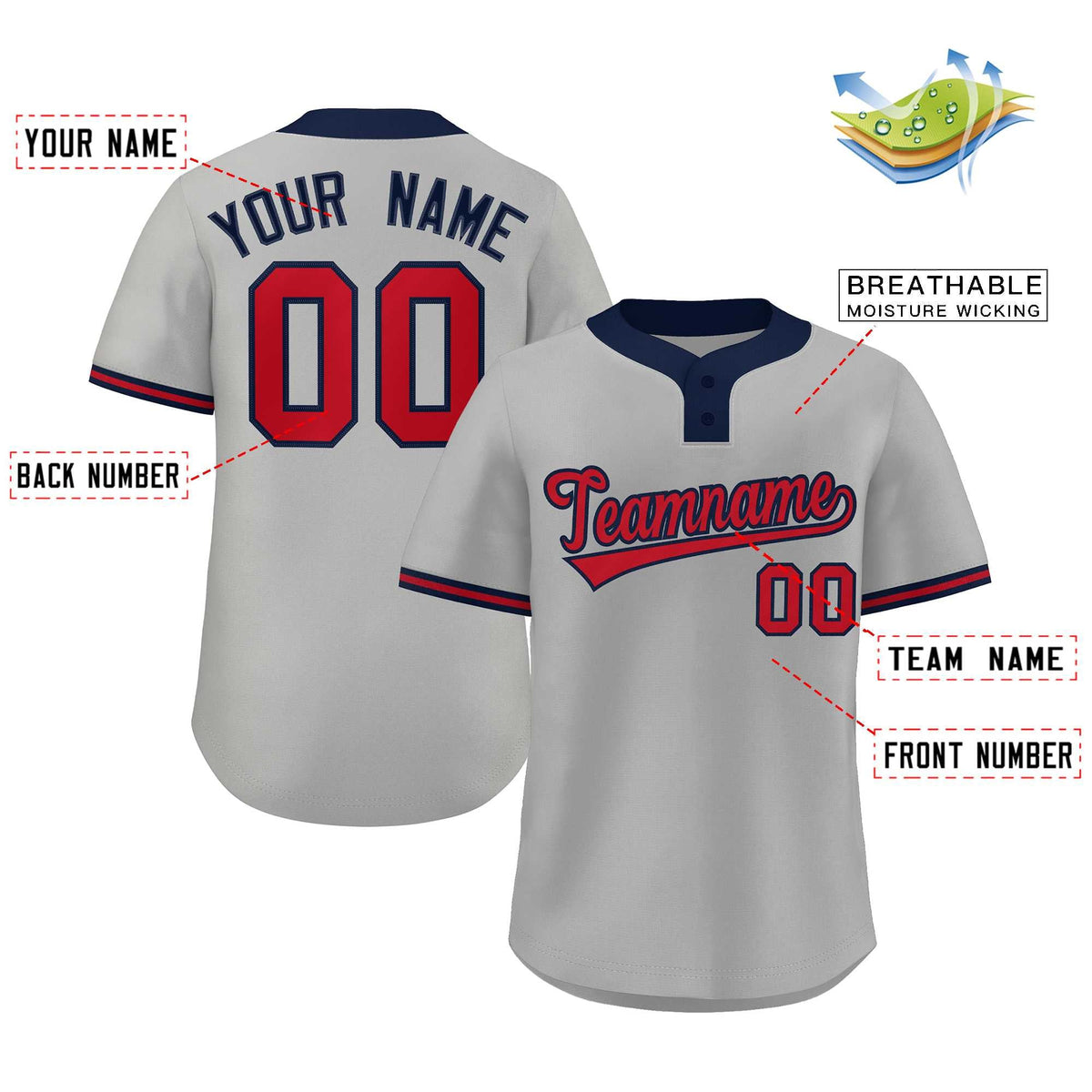Custom Gray Red-Navy Classic Style Authentic Two-Button Baseball Jersey