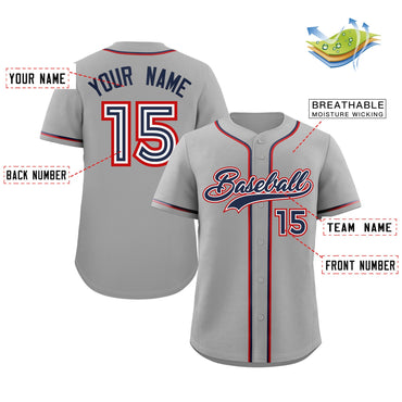 Custom Gray Navy-Red Classic Style Authentic Baseball Jersey