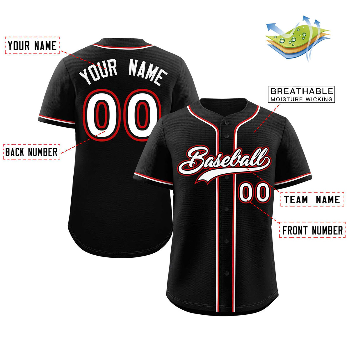 Custom Black White-Red Classic Style Authentic Baseball Jersey